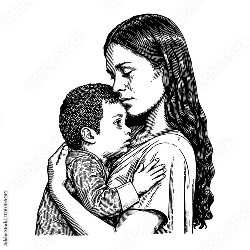 Native American Mother Holding Child Close in Detailed Black and White Outline Line Art Drawing