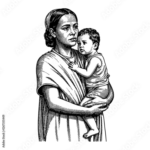 Sad Native Mother Holding Child Closely in Black and White Outline Line Art Drawing