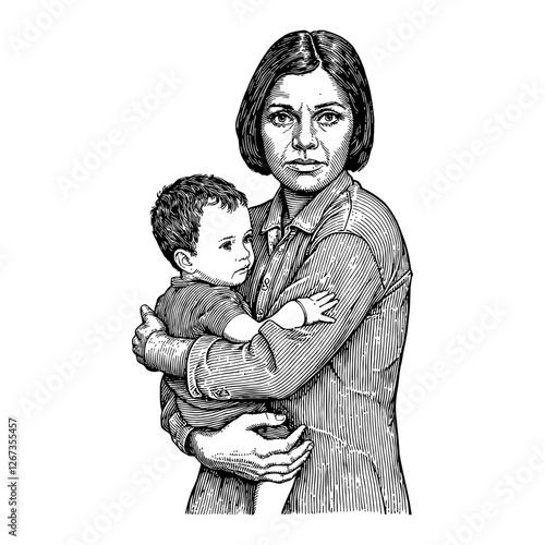 Sad Native Mother Holding Her Child Closely Traditional Black and White Outline Line Art Drawing