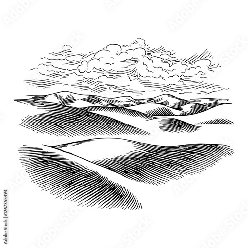 Sand Dunes Landscape Black and White Engraving Style Outline Line Art Drawing Illustration