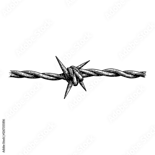 Engraved Spiky Barbed Wire Fence Isolated Black and White Outline Line Art Drawing