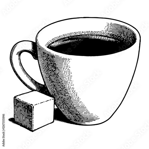 Sugar Cube Beside of Coffee in a Cup Detailed Black and White Outline Line Art Drawing