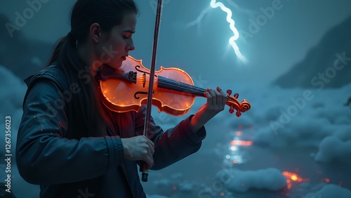 A violin with strings made of liquid lightning is played by shadow hands, with a bow carved from glacial ice, above a lake of molten obsidian, set against a #FF0000 to #00BFFF gradient sky. photo