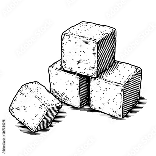 Sugar Cubes Stacked with Detailed Engraving Black and White Outline Line Art Drawing