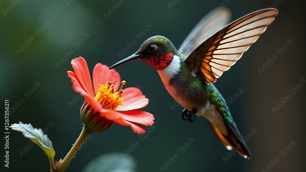 Fototapeta premium A surreal scene featuring a colorful hummingbird and a flower composed of broken smartphones.