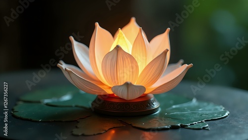 A lantern shaped like a lotus flower glows with liquid sunlight as its petals unfold to reveal a microchip stamen. The lantern rests on a table of molten jade and intricate quantum circuitry, set agai photo