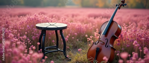 A simple black metal stool and a large classical brown cello, on a field densely covered with flowers of various shapes in dark shades of fuchsia