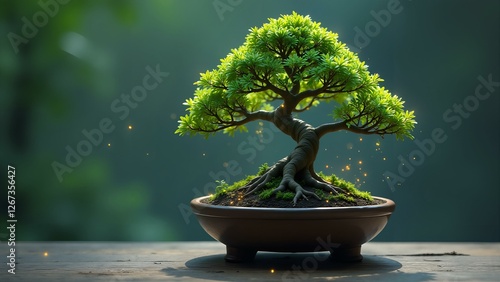 A bonsai tree with roots of liquid shadow sits within a glass terrarium surrounded by holographic fireflies and perched on a drone emitting AI-generated koans. photo