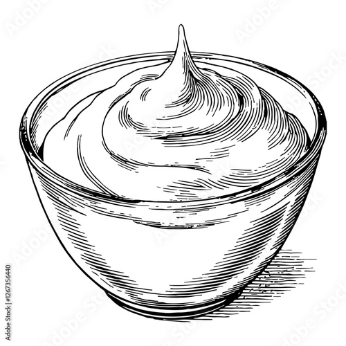 Yogurt in Glass Bowl Creamy and Smooth Black and White Outline Line Art Drawing Illustration