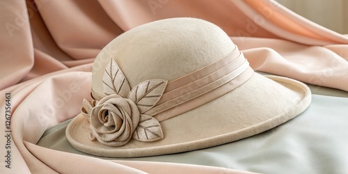 Elegant Vintage Hat with Floral Decoration Resting on Soft Fabric Background in Neutral Tones