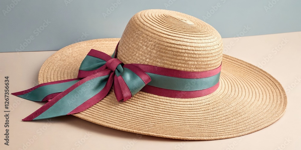 Elegant Wide-Brim Straw Hat with Colorful Ribbon Bow on a Light Background Elegant Wide-Brim Straw Hat with Colorful Ribbon Bow on a Light Background