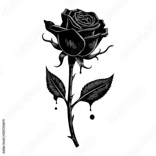 Detailed Black Rose with Blood Splats in Black and White Outline Line Art Drawing Style