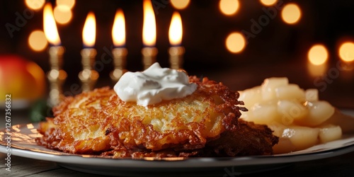 Crispy potato latkes with sour cream and applesauce celebrating hanukkah in israel photo