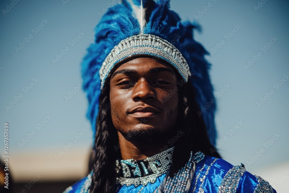 Traditional attire showcases vibrant blue feathers and intricate Traditional attire showcases vibrant blue feathers and intricate