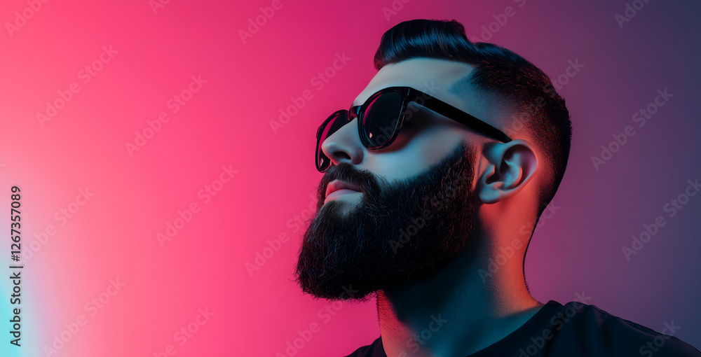 Bearded man wearing sunglasses against a gradient background, with ample space for text, suitable for a banner design.. Barbershop ad concept. Bearded man wearing sunglasses against a gradient background, with ample space for text, suitable for a banner design.. Barbershop ad concept.