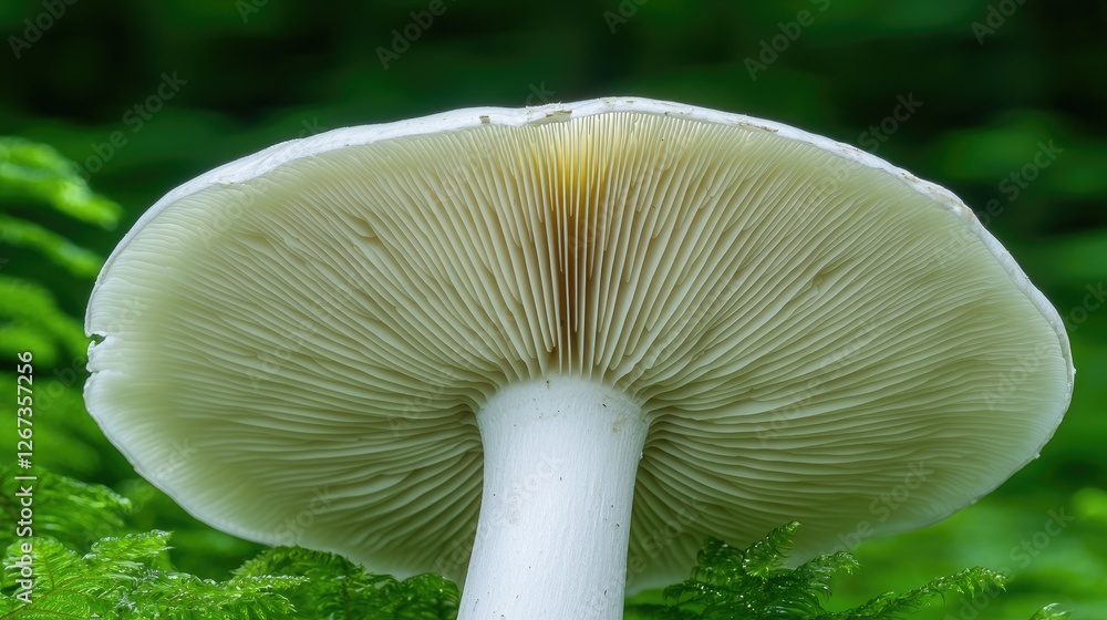 A close-up view of a mushroom's cap and gills, showcasing its intricate details against a lush green background. A close-up view of a mushroom's cap and gills, showcasing its intricate details against a lush green background.