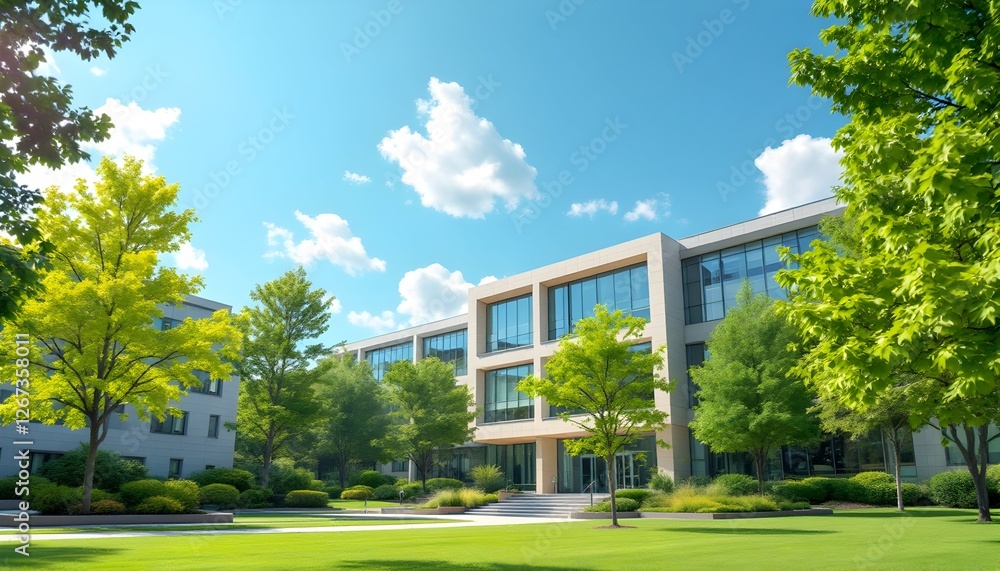 Naklejka premium Modern Corporate Office Building with Greenery and Bright Blue Sky View