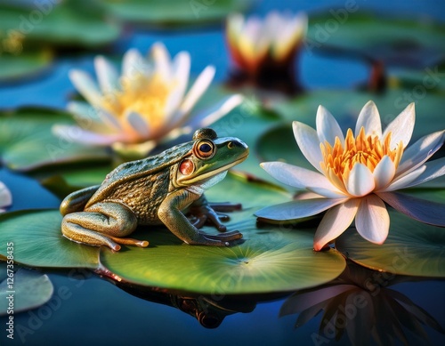 una rana encima de un nenufar en un lago frondoso lleno de nenufares y flores de lotto