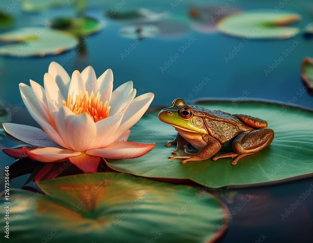 una rana encima de un nenufar en un lago frondoso lleno de nenufares y flores de lotto una rana encima de un nenufar en un lago frondoso lleno de nenufares y flores de lotto
