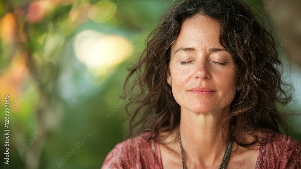 Woman meditating in a yoga pose with closed eyes and calm expression Woman meditating in a yoga pose with closed eyes and calm expression