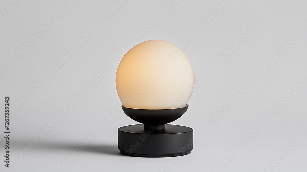 A small, matte black and frosted glass table lamp with an off-white spherical shade on top of the base, against a white background, A small, matte black and frosted glass table lamp with an off-white spherical shade on top of the base, against a white background,