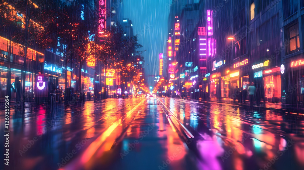 A city street with neon lights and rain A city street with neon lights and rain