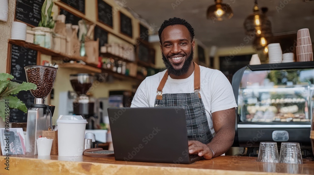 Small business owner working on a laptop at a cafe Small business owner working on a laptop at a cafe