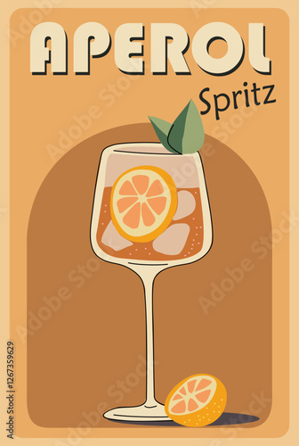 Aperol Spritz Cocktail retro poster. Popular alcohol drink. Vintage flat vector illustration for bar cart, pub, restaurant, kitchen wall art print.