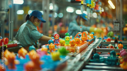 Vibrant dolls, puzzles, and action figures are crafted on a toy factory’s assembly line. Careful oversight ensures each toy is safe, colorful, and ready for imaginative adventures.