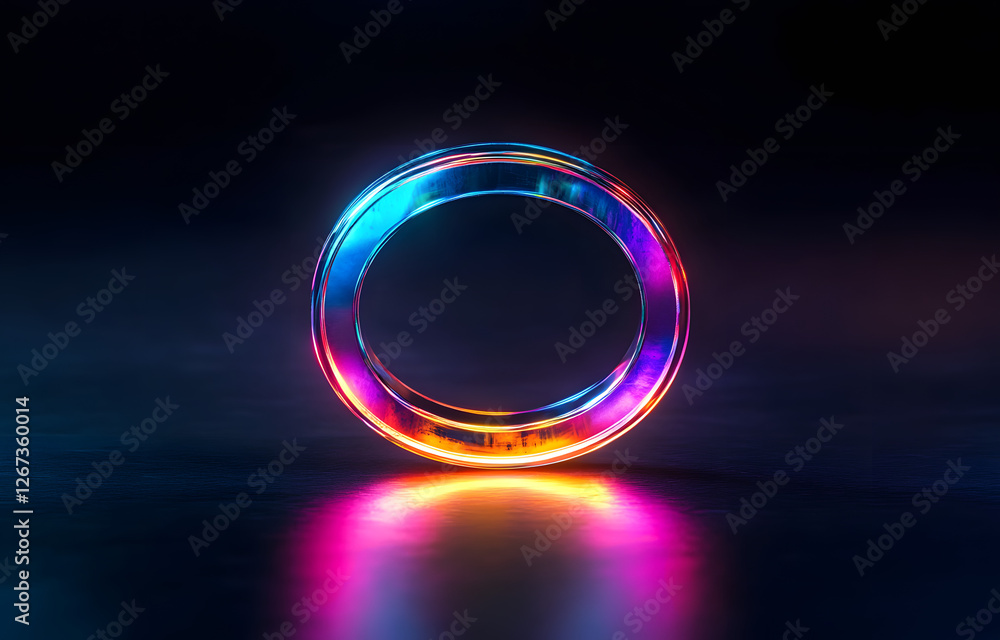 A glowing, iridescent ring stands on a dark, reflective surface. A glowing, iridescent ring stands on a dark, reflective surface.