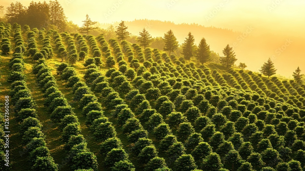 Fototapeta premium Lush Green Coffee Plantation Hillside Sunrise