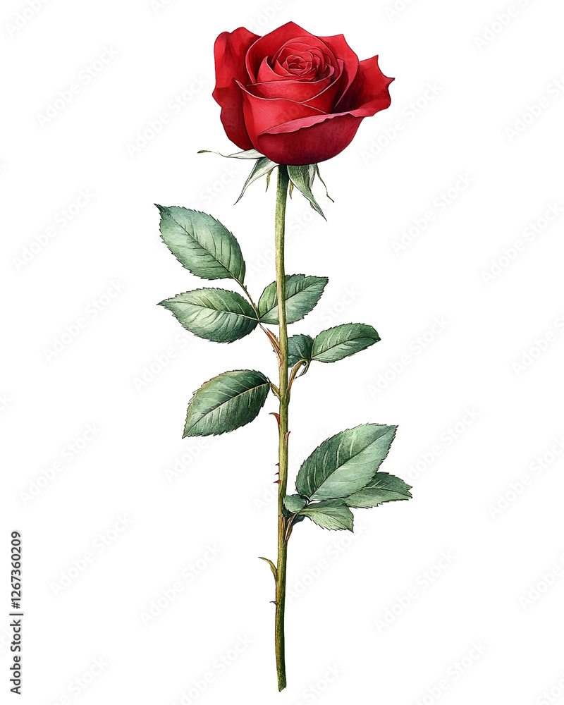 Fototapeta premium A delicate watercolor illustration of a single red rose on a long stem with lush green leaves.