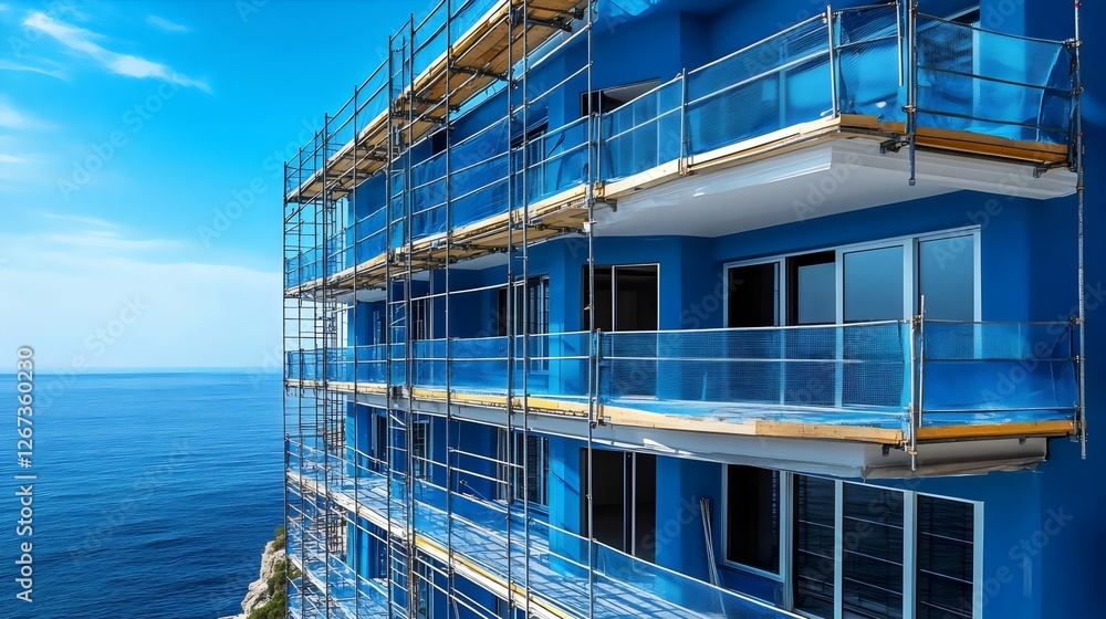 A blue building with scaffolding on it and a view of the ocean A blue building with scaffolding on it and a view of the ocean