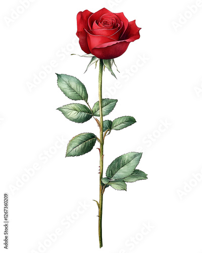 A delicate watercolor illustration of a single red rose on a long stem with lush green leaves.