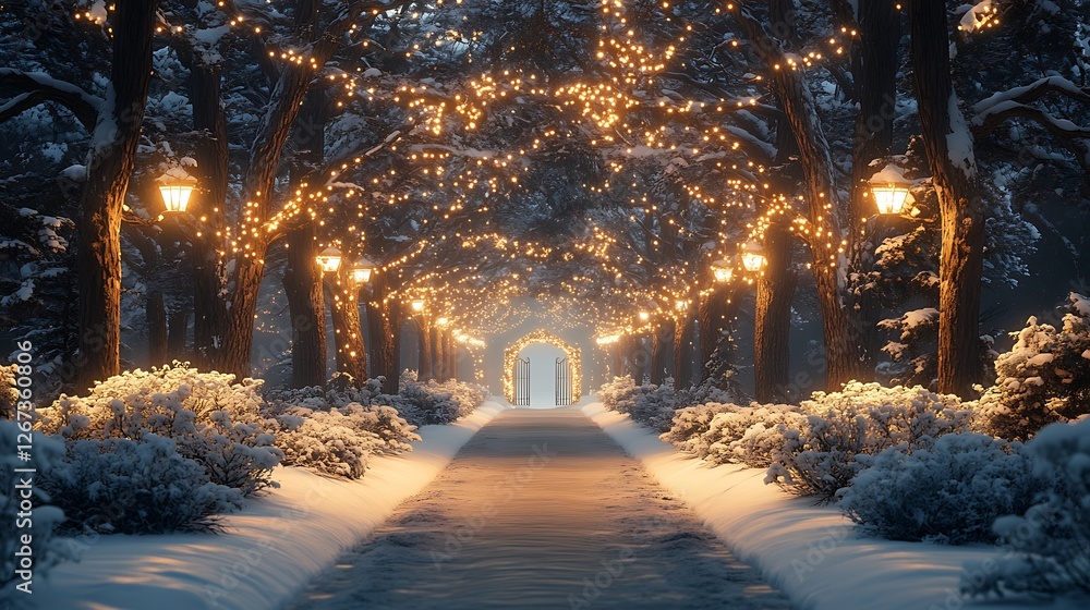 A snowy path lined with snow-covered trees, illuminated by twinkling lights leading to an open gate surrounded A snowy path lined with snow-covered trees, illuminated by twinkling lights leading to an open gate surrounded