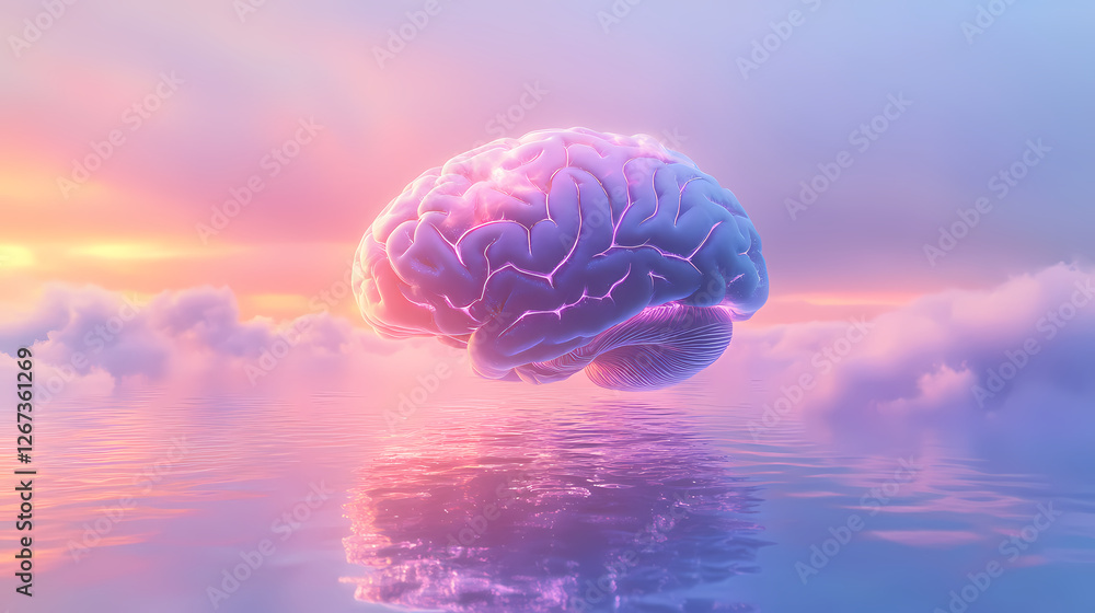 3D Brain Art in Dreamy Pink-Purple Sky Setting 3D Brain Art in Dreamy Pink-Purple Sky Setting