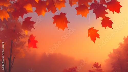 Vibrant autumn leaves in shades of red, orange, and yellow, gracefully floating against a dreamy gradient sky
