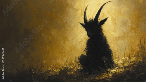 A mysterious and enigmatic shadowy creature with sharp goat horns, standing in an undefined space. Generative AI