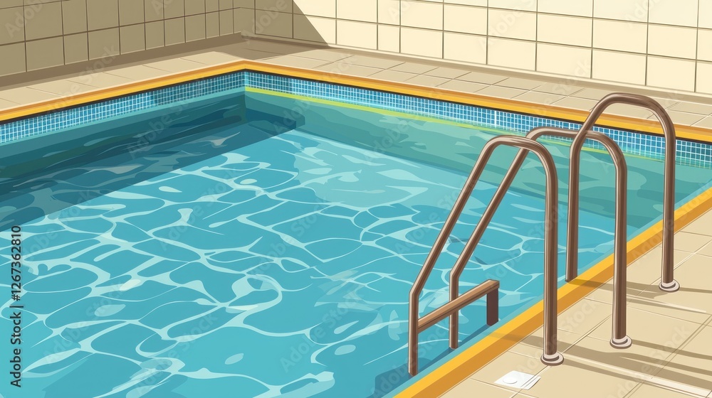 Obraz premium Empty indoor swimming pool with steps, sunny day, tiled walls. Possible use tourism, travel, or interior design