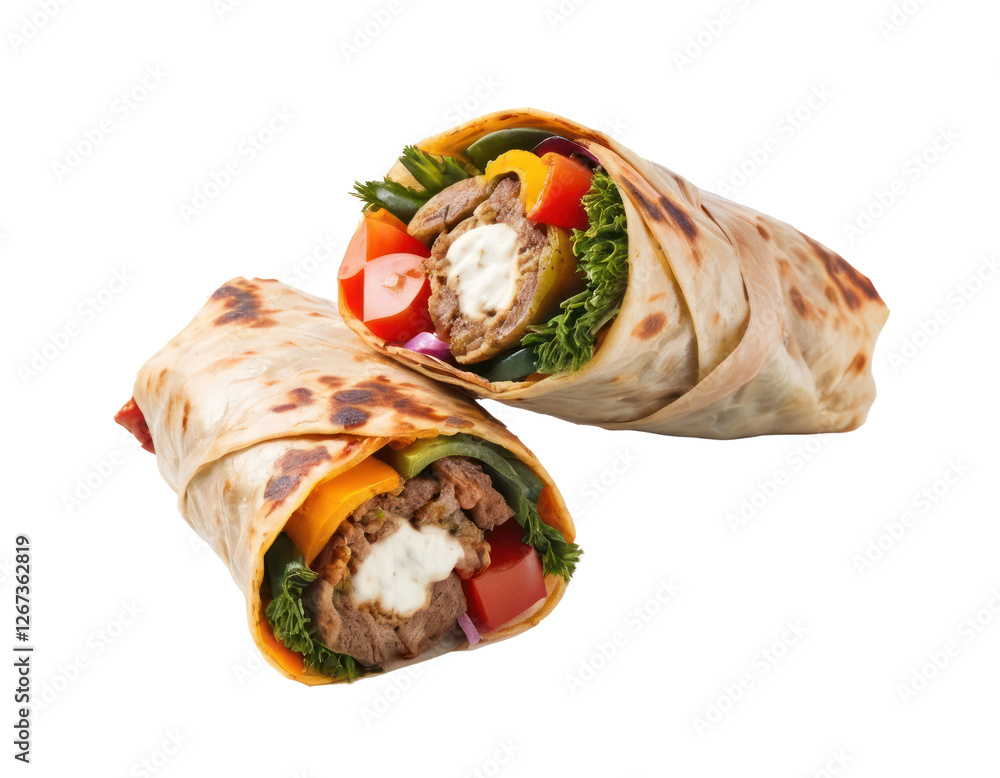 kebab or turkish kebab, food from Türkiye .isolated on transparent or white background. Kebabs are made from sliced meat, vegetables and sauce or other fillings wrapped in a tortilla shell. kebab or turkish kebab, food from Türkiye .isolated on transparent or white background. Kebabs are made from sliced meat, vegetables and sauce or other fillings wrapped in a tortilla shell.
