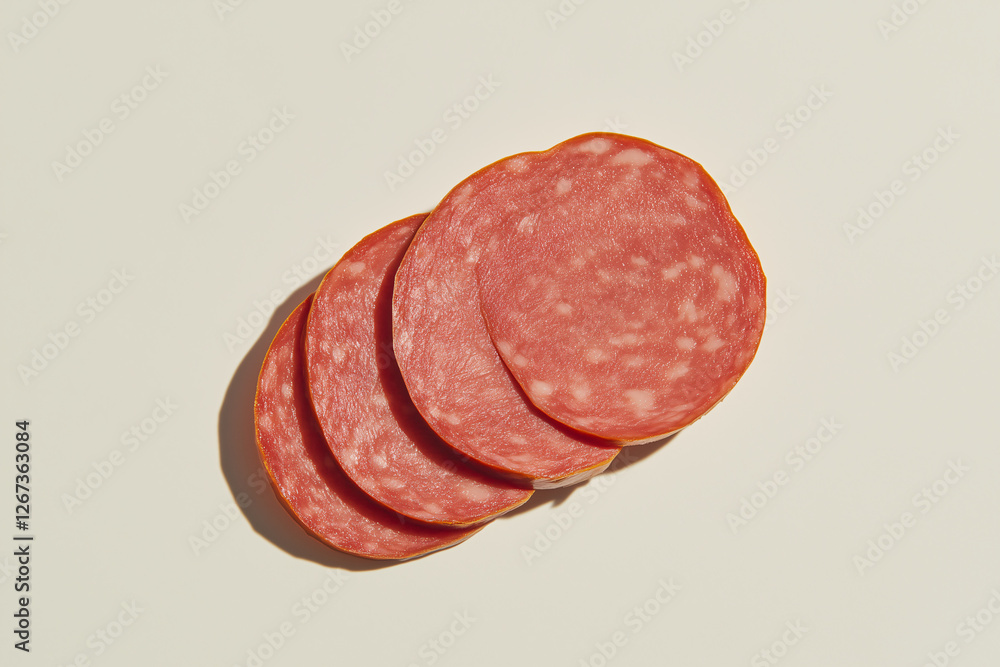 Salami Slices: A close-up shot of four perfectly sliced salami rounds arranged in a captivating spiral pattern, showcasing their rich red hue, marbled texture, and appetizing aroma. Salami Slices: A close-up shot of four perfectly sliced salami rounds arranged in a captivating spiral pattern, showcasing their rich red hue, marbled texture, and appetizing aroma.