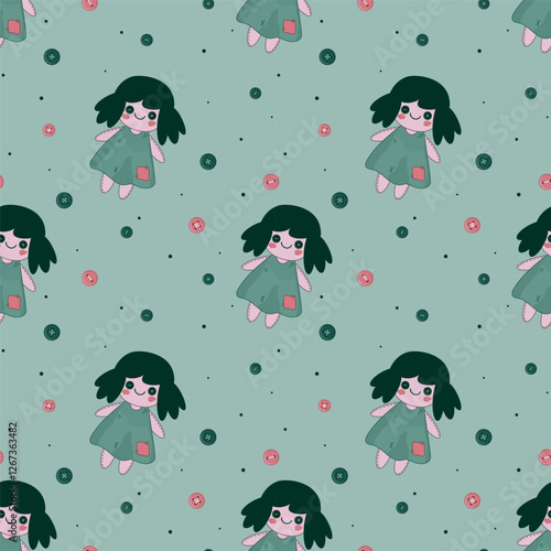 Seamless pattern with rag dolls and buttons
