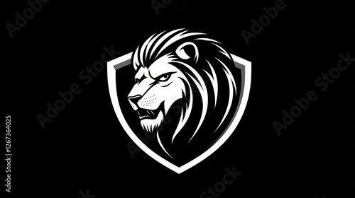 Majestic lion head, shield emblem, black background, logo design photo