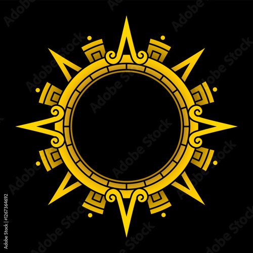 Golden Aztec solar disk, sun symbol, and diadem, representing the Aztec sun deity Tonatiuh. Arrows or sun rays pointing in cardinal directions, with further subdivisions for inter-cardinal directions.