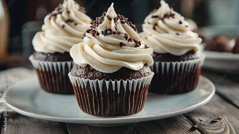 Cocoa cupcakes with vanilla custard and chocolate sprinkles Cocoa cupcakes with vanilla custard and chocolate sprinkles