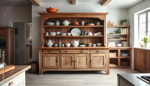 Timeless kitchen composition showcasing a traditional wooden hutch cabinet