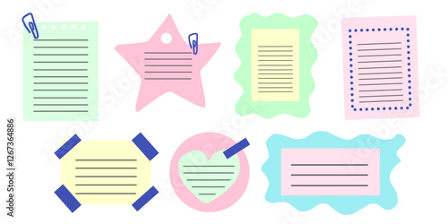 Colorful paper with paper clip and adhesive tape. Set of note sheet, sticky note, notebook page, tags, torn piece of paper. Templates for note message. Vector illustration. Isolated background.