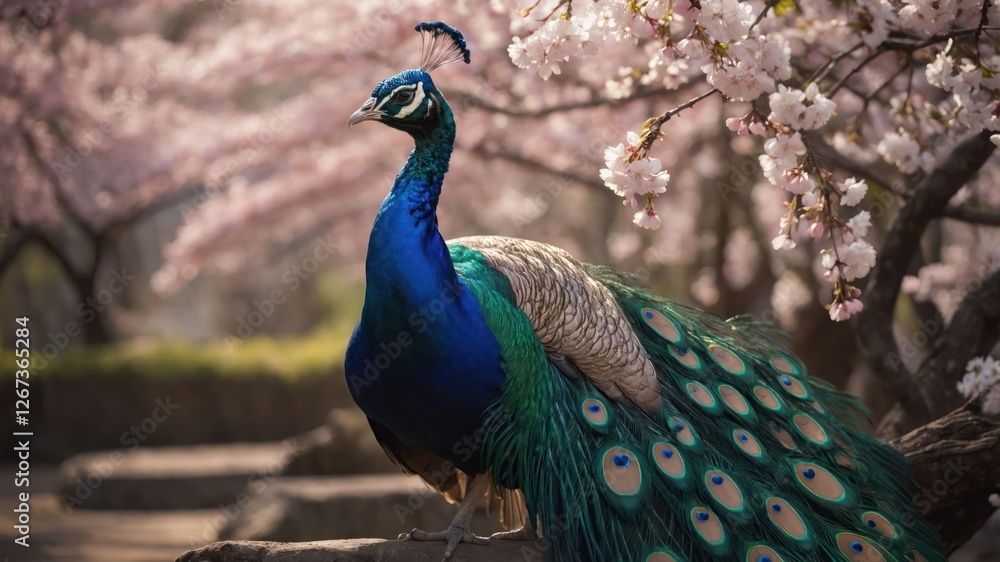 A vibrant peacock stands amidst blooming cherry blossoms in a serene garden setting. A vibrant peacock stands amidst blooming cherry blossoms in a serene garden setting.