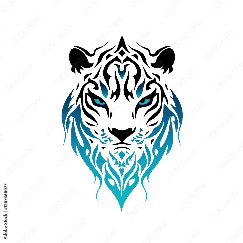 Fototapeta premium Tiger face design with blue flames and tribal pattern, suitable for tattoo or branding