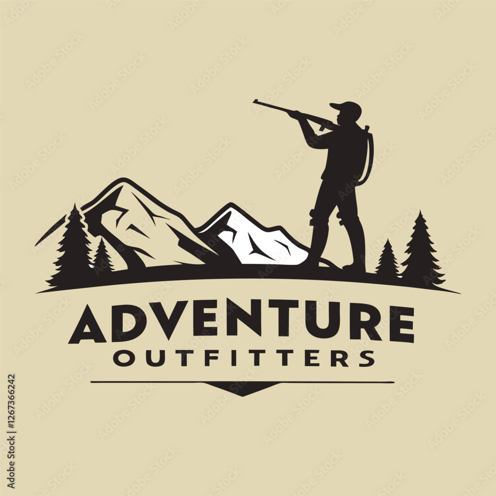 Obraz premium vintage logo design, adventure outfitters, silhouette of hunter with rifle, mountain range backdrop, pine trees, beige background, minimalist illustration,